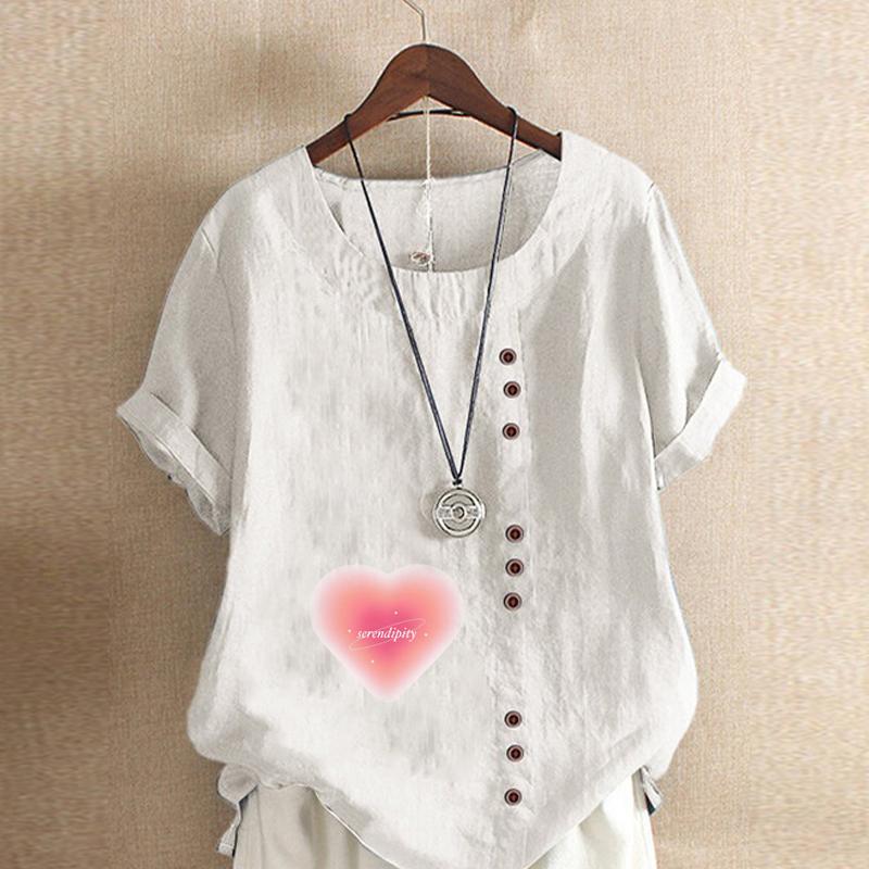 Women's Fashion Round Neck Short Sleeve T-shirt Casual Cotton Linen Graphic Shirt Leisure Loose Pink Love Prined Summer Blouse Tops