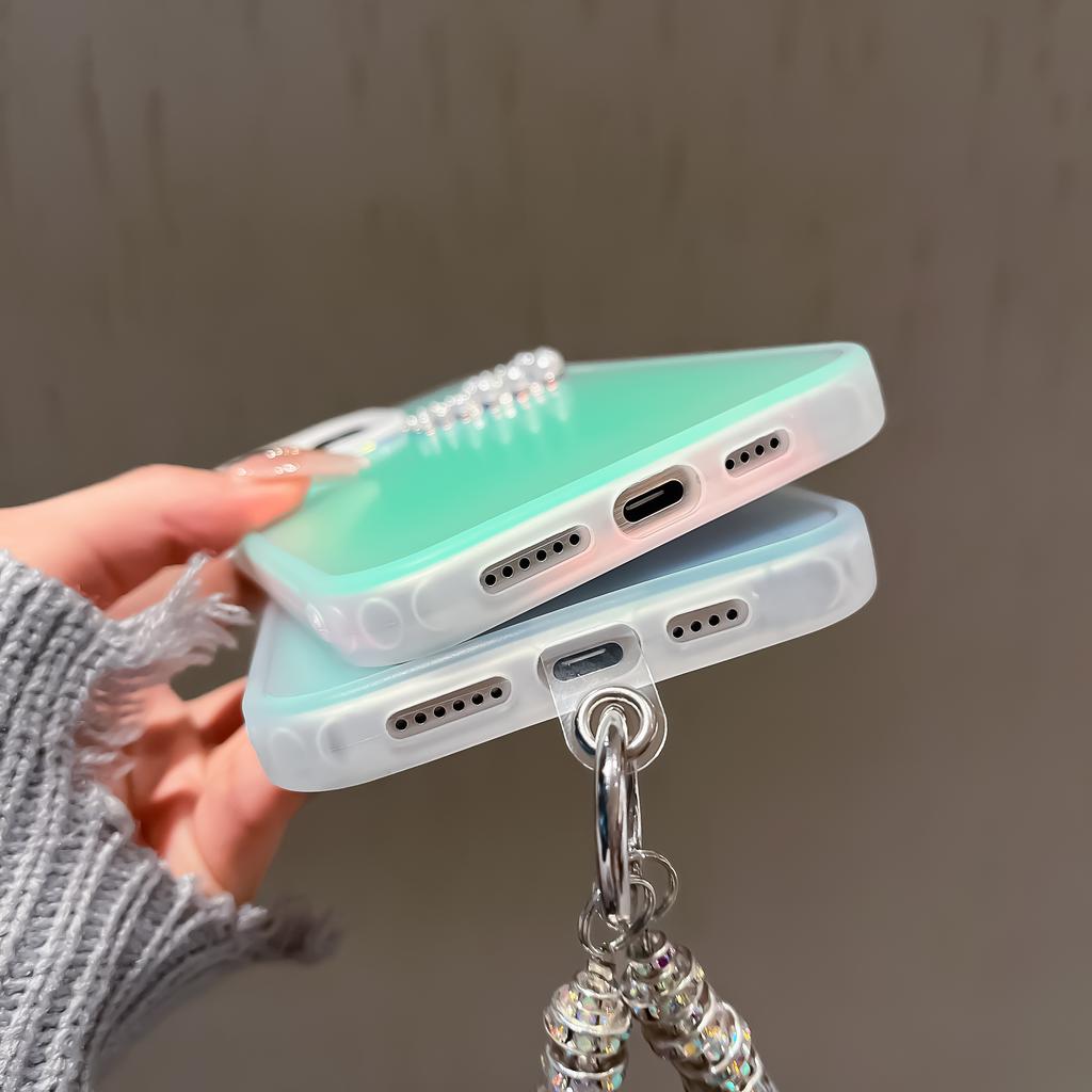 For iPhone 14 Pro Max Matte Case Laser Effect Pearls Heart Decor Smart Phone Cover with Wrist Strap