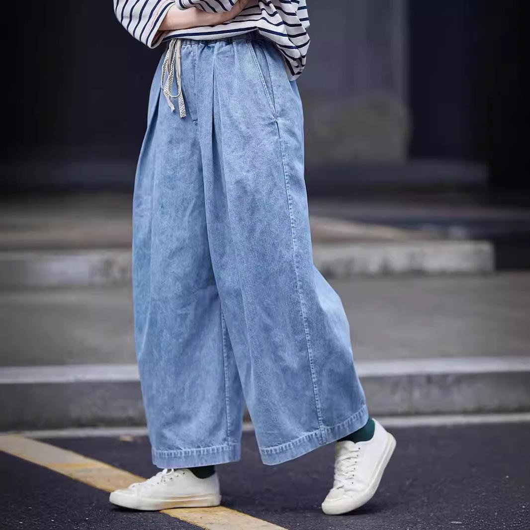 Spring-Summer Retro Cotton Women s Wide-Leg Distressed Jeans with Elastic Waist in Boy Blue L
