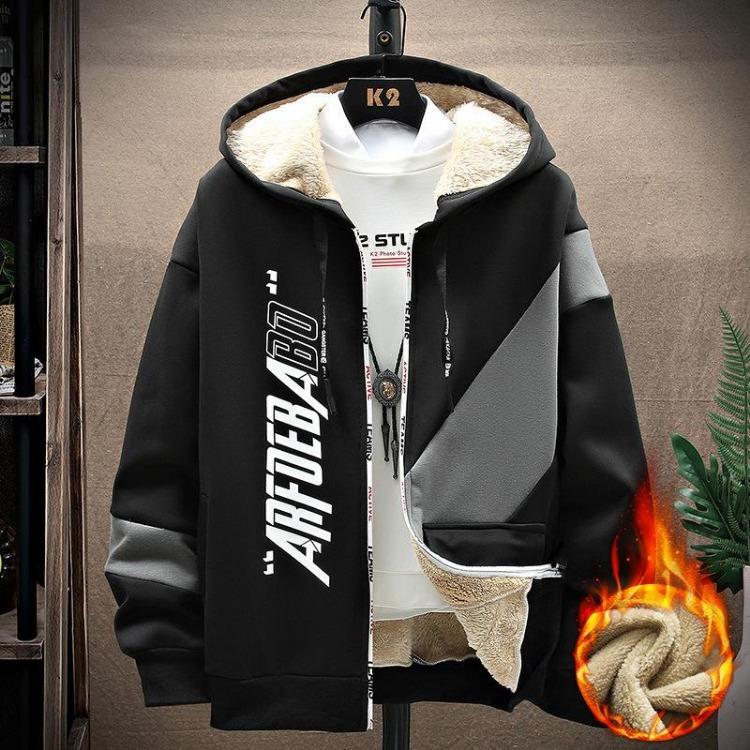 Men Warm Winter Hooded Jacket Thick Wool Lamb Fleece Sports Sweater M чёрный