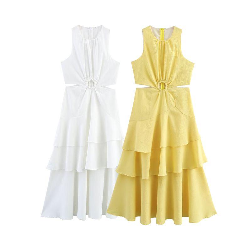 Kaslead New Women clothes Western Style Fashion Laminated Frill Sleeveless Waist-Exposed Dress