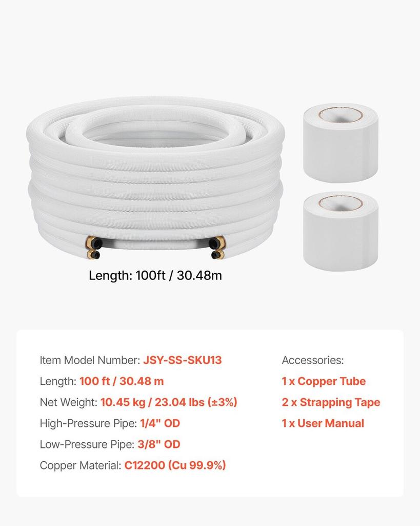 30.5m Mini Split Line Set, 6.4 & 9.5mm OD AC Copper Tubing Pipe, 3/8 White PE Thickened Insulated Coil with Flared Nuts, Strapping Tapes, for Mini