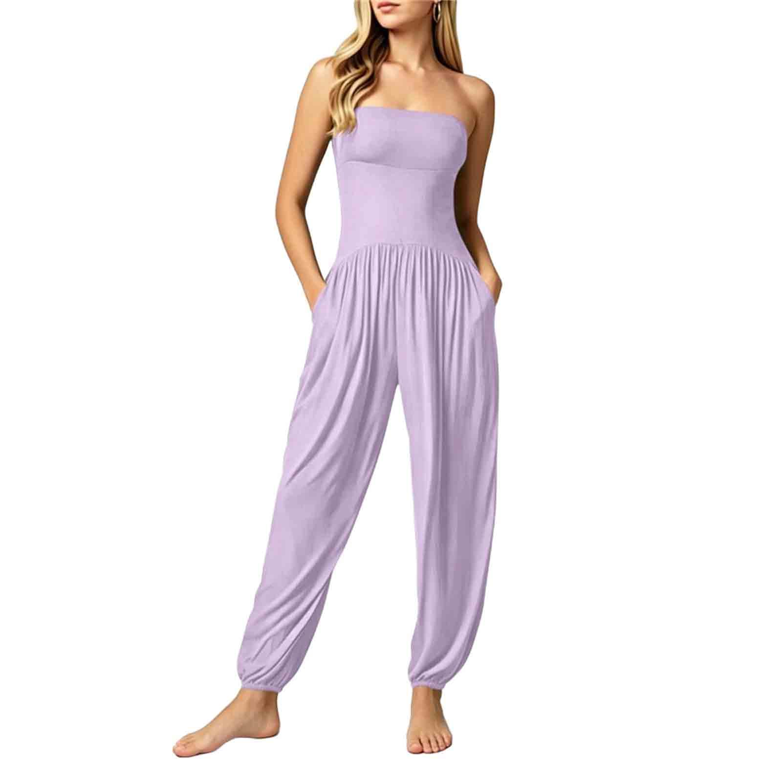 

Women Sleeveless Strapless Jumpsuit Elastic Waist Pocket Casual Loose Fit Romper Full Length Pants S фиолетовый