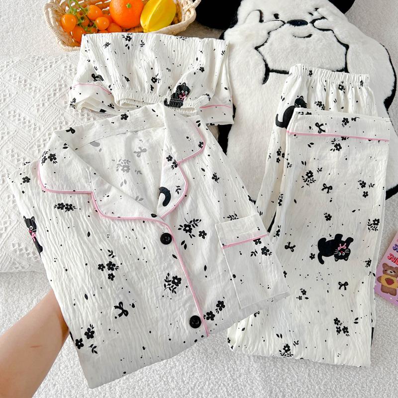 Light Luxury High-Value Black Cat Small Floral Wind Cloud Cotton Fashion Pajamas Short-Sleeved Three-Piece Loungewear