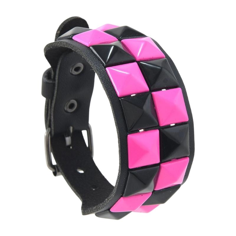 Studded Cuff Bracelet Double Row Square Studs Adjustable Closure PU Strap Punk Wrist Bangle for Concert Streetwear