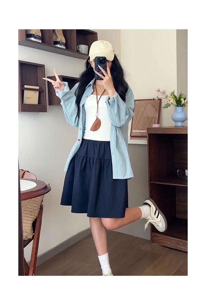 Women's Navy Blue High-Waisted A-Line Skirt, Slimming & Anti-Exposure, Tiered Japanese Academy Style, Half-Length Short Skirt