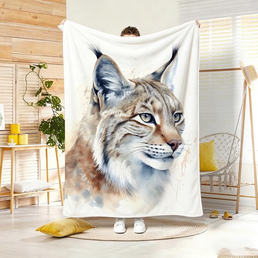 Cute Wild Animal Forest Lynx Throw Lightweight 240g Flannel Blanket Soft Skin-friendly for Summer Cooling 75x90cm