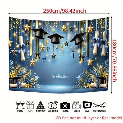 2D Graduation Photography Backdrop Blue Gold Cap and Scroll Party Background