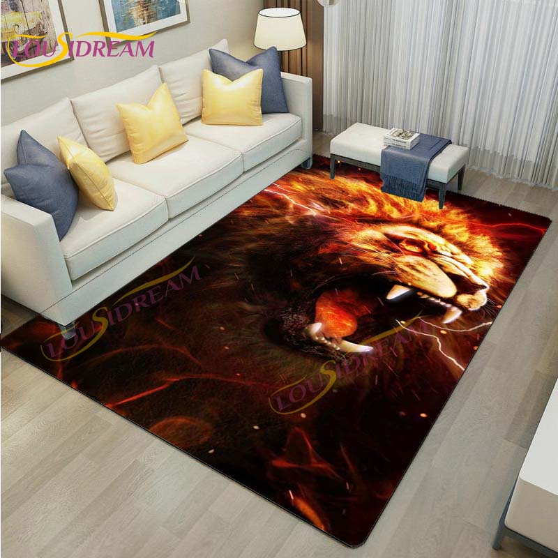3D Lion Tiger Rug Beautiful Lion Face Rug Modern Carpets for Living Room Area Rug Non Slip Floor Rug Wild Cat Glare Rug Play Mat