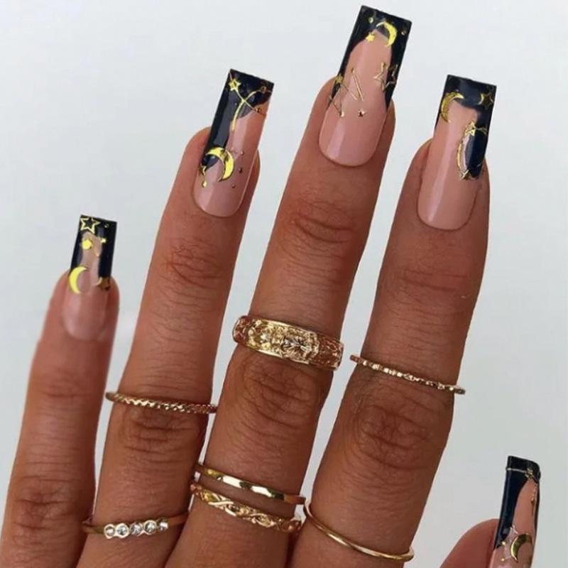 French Black-Edged Press-On Nails with Star and Moon Gold Foil Designs