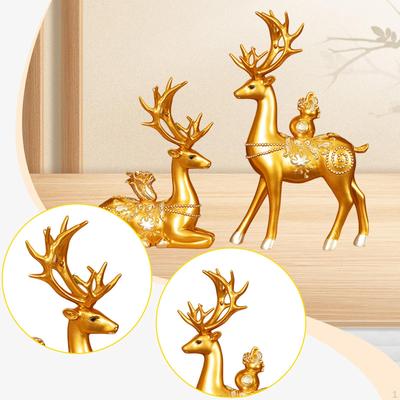 2 Pieces Deer Figurines Animal Sculpture Desktop Decoration Golden Resin Statues for Cabinet