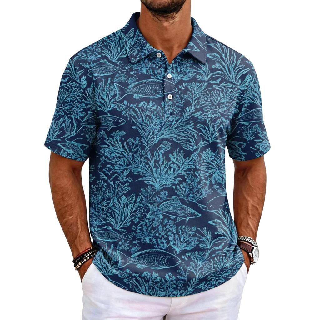 Men's Hawaiian Style Short Sleeve Polo Shirt Loose Fit Casual Top with and Geometric Print for Everyday Wear