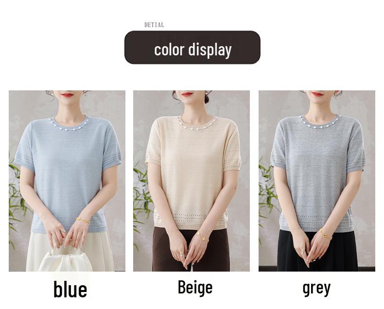 2026 Women's Tencel Knit Hollow Woven Half Sleeve Round Neck Top