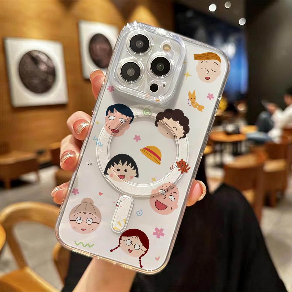 Chibi Maruko-chan Phone Case For iPhone 17 16 15 14 13 12 Pro Max Plus With Magnetic Crystal Clear Case Wireless Charge