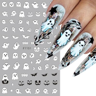 2pcs Luminous Halloween Spooky Nail Stickers White Ghost Pumpkin Design Decals Glow In The Dark Manicure Nail Art Decorations