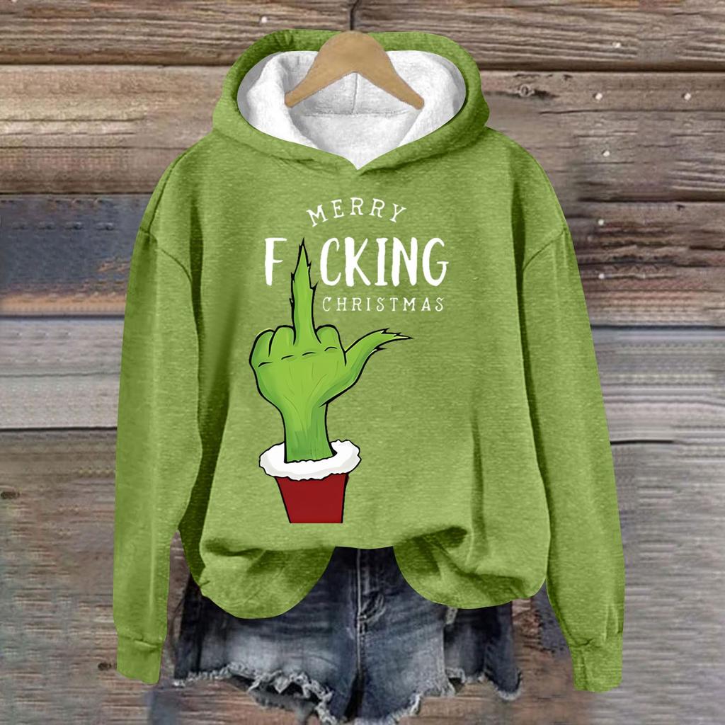 Women's Fashion Casual Long Sleeve Christmas Printed Round Neck Hooded Sweatshirt Top