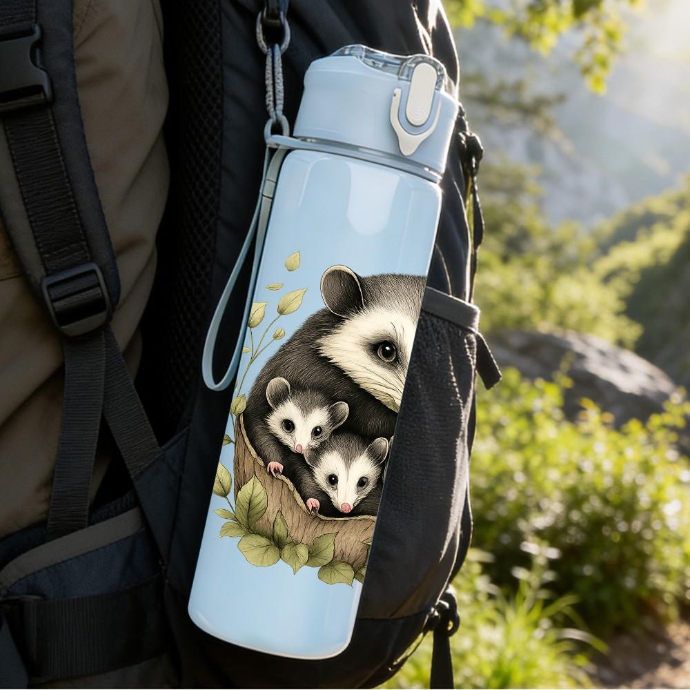 1PC Opossum Floral Portrait Art 750ml Color Plastic Sports Water Bottle Leakproof Flip Straw Lid Suitable for Sports Office Home Use