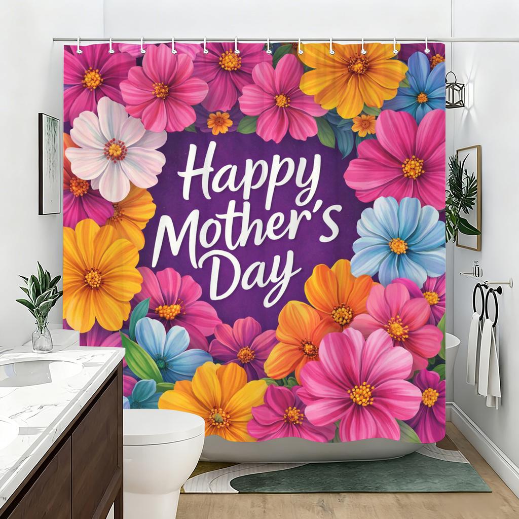 Happy Mother'S Day Themed Polyester Shower Curtain - Floral & Heart Printed Bathroom Decorative Curtain