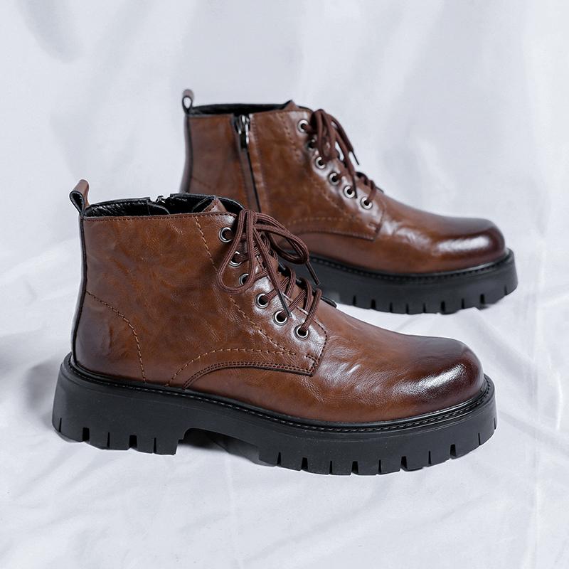 Fashion High-quality Leather Fashion Brand Outdoors Men's Glossy Comfortable Thick Soled Chelsea Retro Casual Side Zipper Lace Up Boots