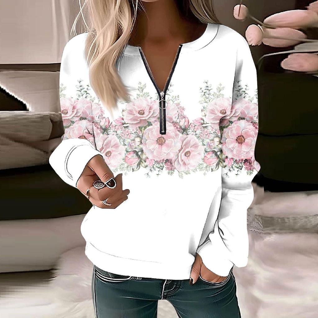 Women Sweatshirt Pullover Basic Quarter Zipper Long Sleeve Print Flowers Hoodie Casual Top