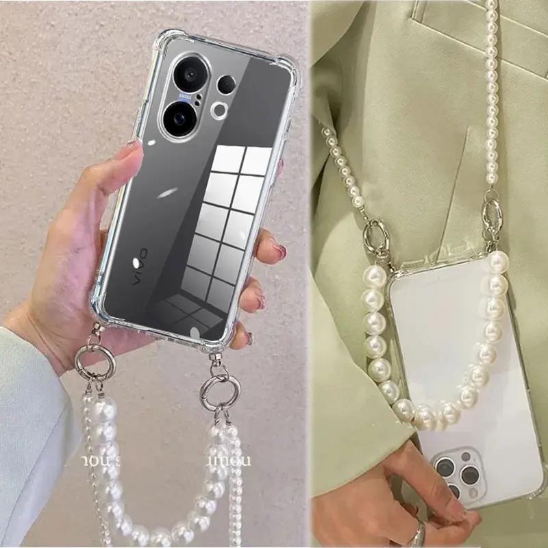 Para Xiaomi 15T Pro 17T Pro Funda con Cordón Cruzado de Cadena de Perlas Para Xiaom 17 Max Funda Trasera Transparente de Silicona Blanda a Prueba de Golpes
