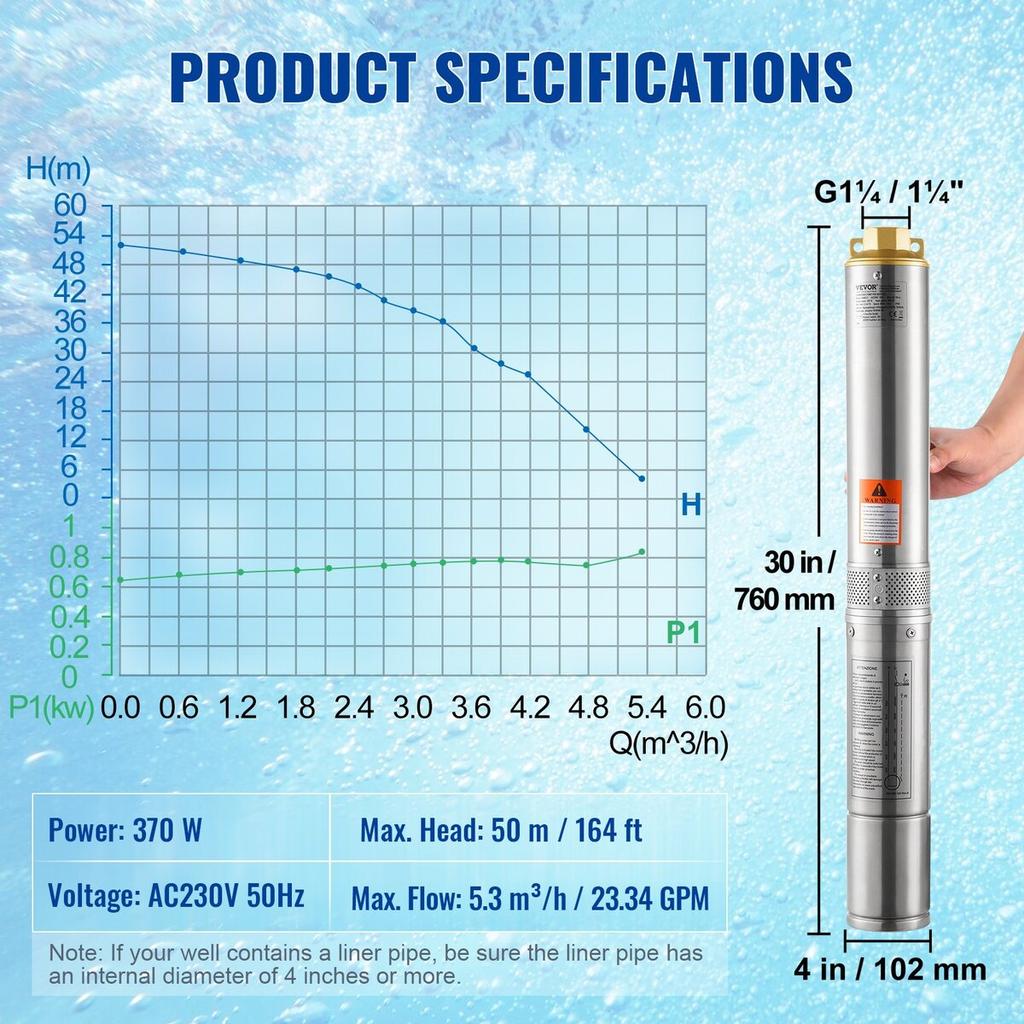 Deep Well Submersible Pump Stainless Steel Water Pump 370W 5.3 M³/h 50 M