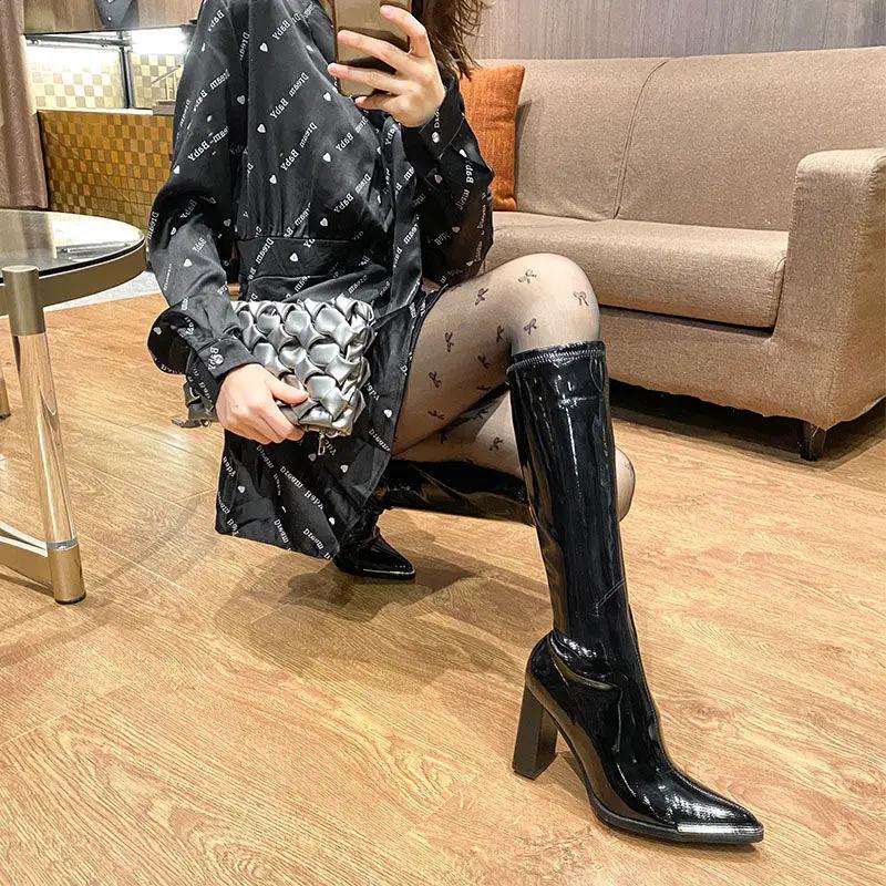 Women's Boots Long Footwear Winter Knee High Shaft Shoes for Woman Very Heel Square Toe Black Novelty Work Fashion New Rock