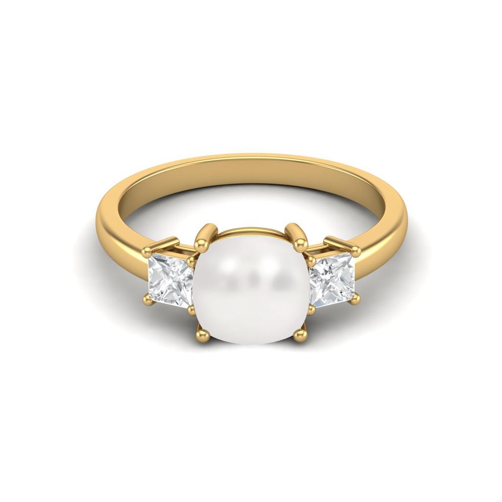925 Sterling Silver Gold Vermeil 7 MM Cushion Shape Pearl Three Stone Engagement Women Ring