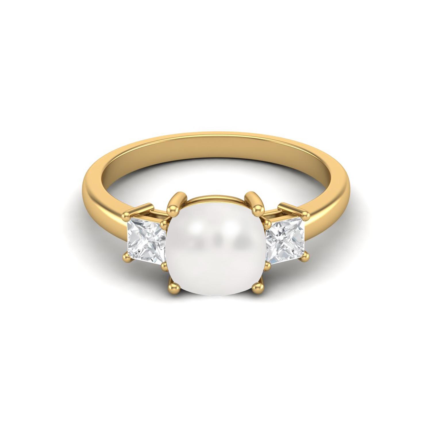925 Sterling Silver Gold Vermeil 7 MM Cushion Shape Pearl Three Stone Engagement Women Ring 12 жёлтый