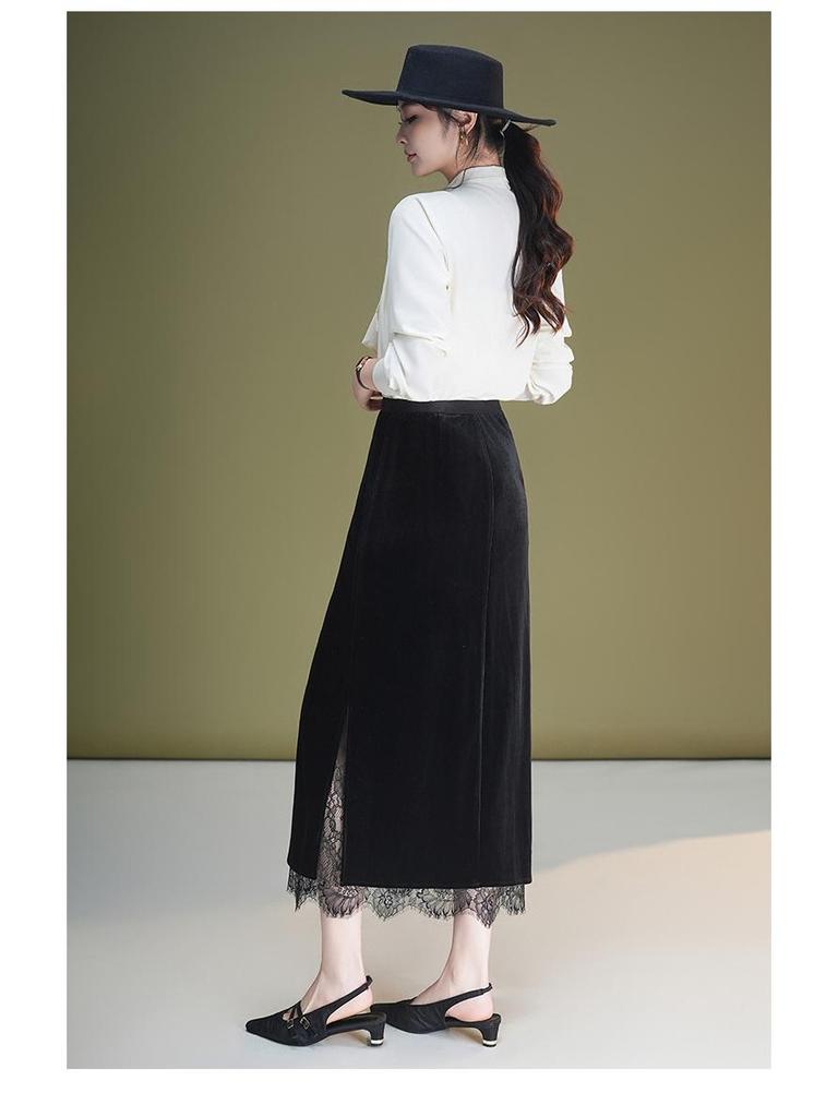 Elegant Velvet Lace Trim High-Waisted Slit Tube Pencil Skirt