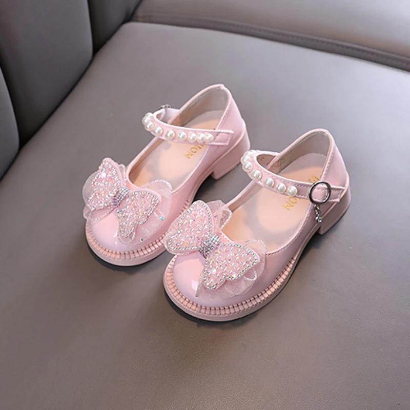 Children's Leather Shoes Spring Autumn Glossy PU Princess Shoes for Girls Fashion Sweet Bowtie Kids Causal Party Mary Jane Shoes