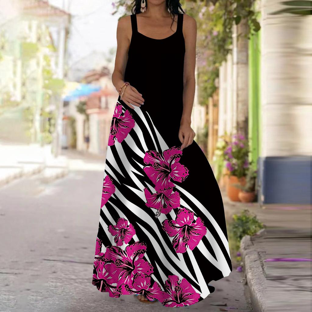 Women's Slip Dress Maxi Long Dress Pink Rhododendron Print Dress Spring & Summer Leisure Vacation