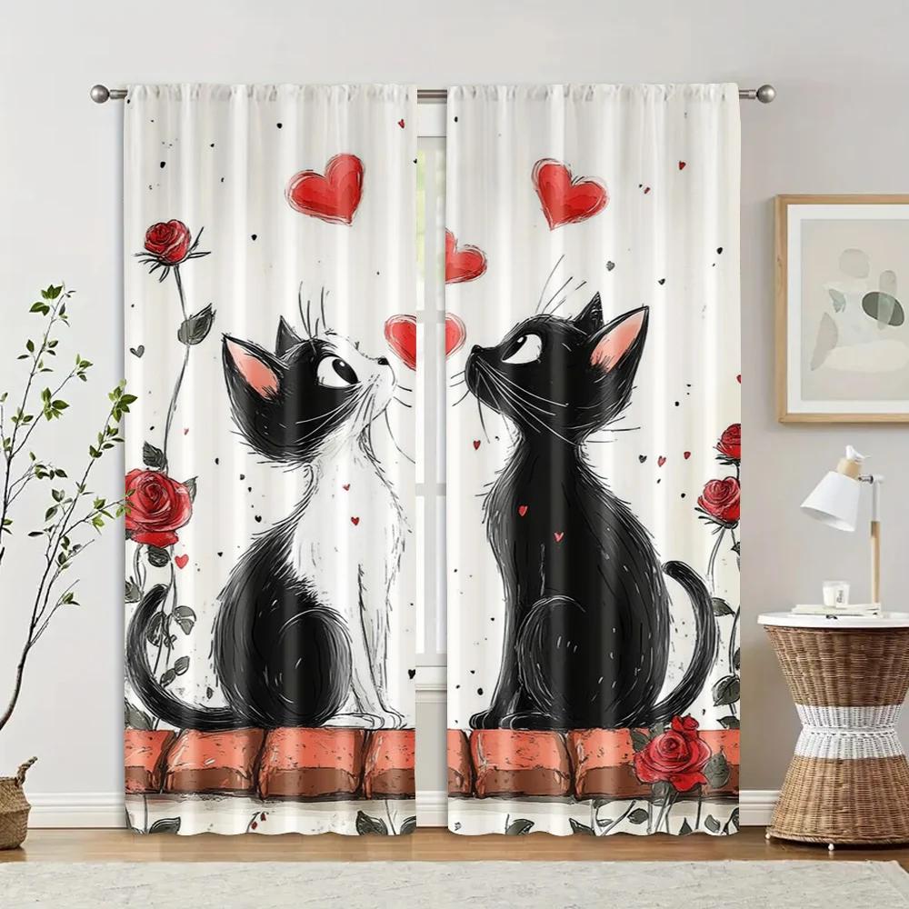 Set Of 2 Upscale Curtains Story Love Cat Fabric Without Rod Stuff Clearance Living Room Bedroom Curtain Polyester Machine Washable Perfect For