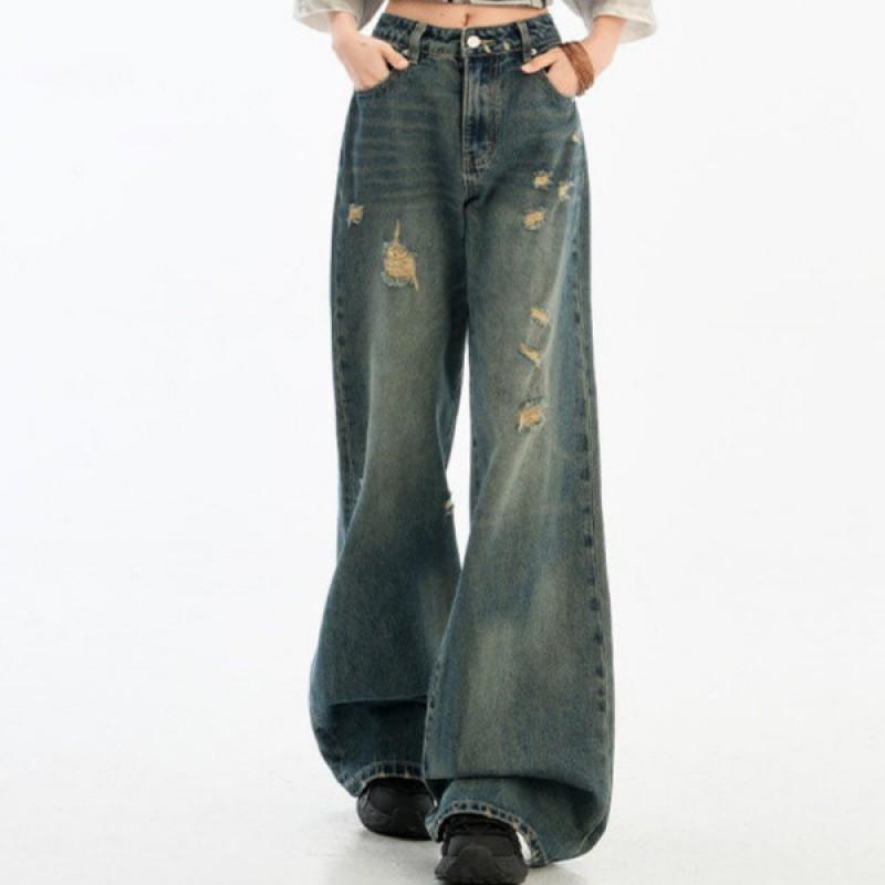 2026 Womens High-Waisted Wide-Leg Distressed Denim Pants Loose Fit Cropped Flare Trousers XS