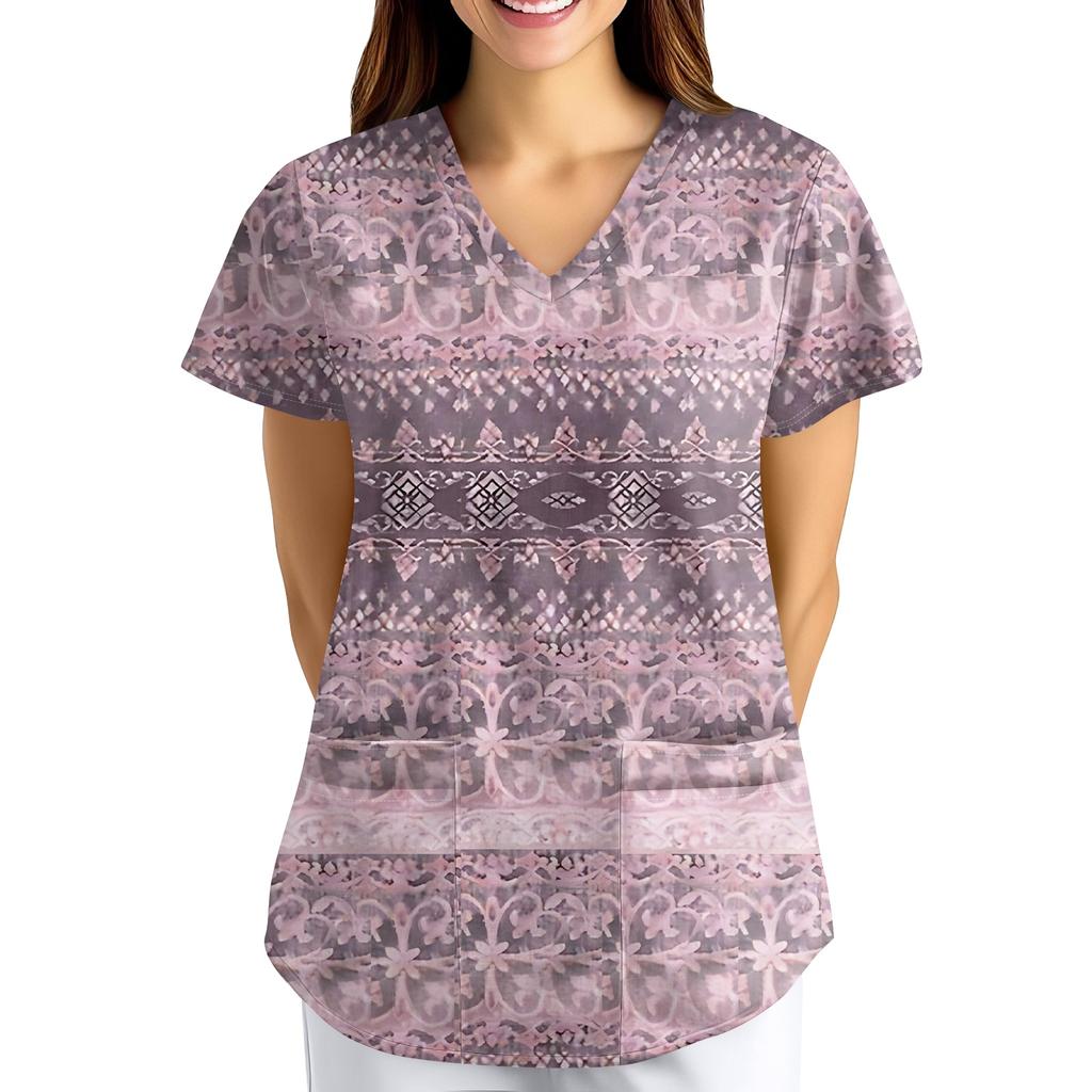 Plus SizePrinted Scrub Working Uniform Tops For Women's Cross V-Neck Print Short Sleeve Fun T-Shirts Workwear Tee With Pockets