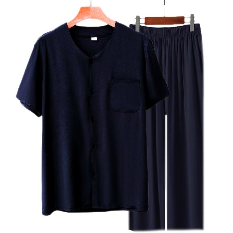 Cardigan manica corta in cotone e seta pigiama da uomo per mezza età e anziani pantaloni estivi sottili in cotone artificiale loungewear da uomo