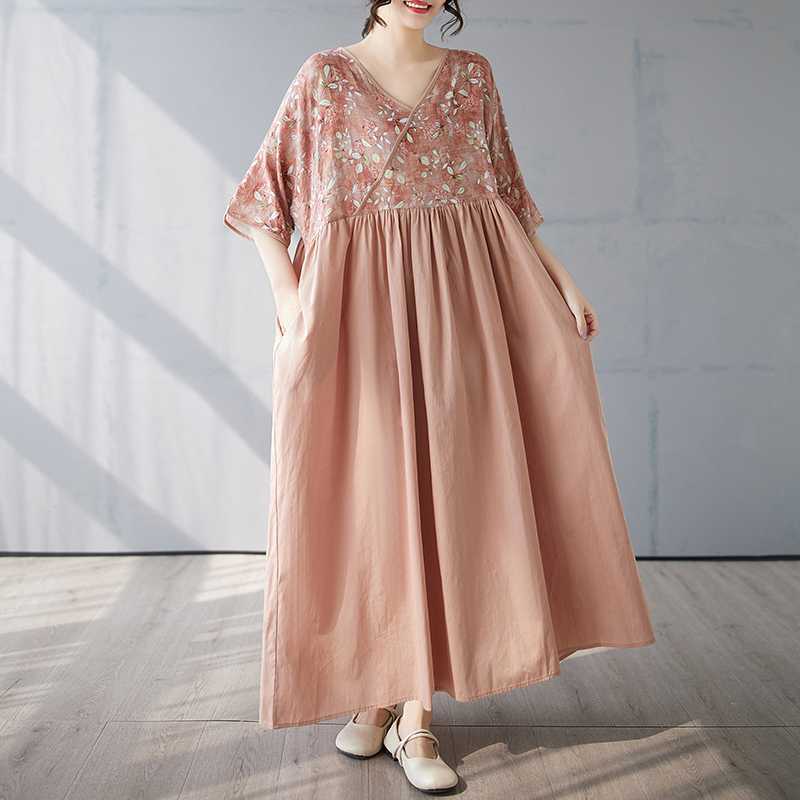 Cotton and Linen Summer Patchwork Retro Style Dress Long Skirt