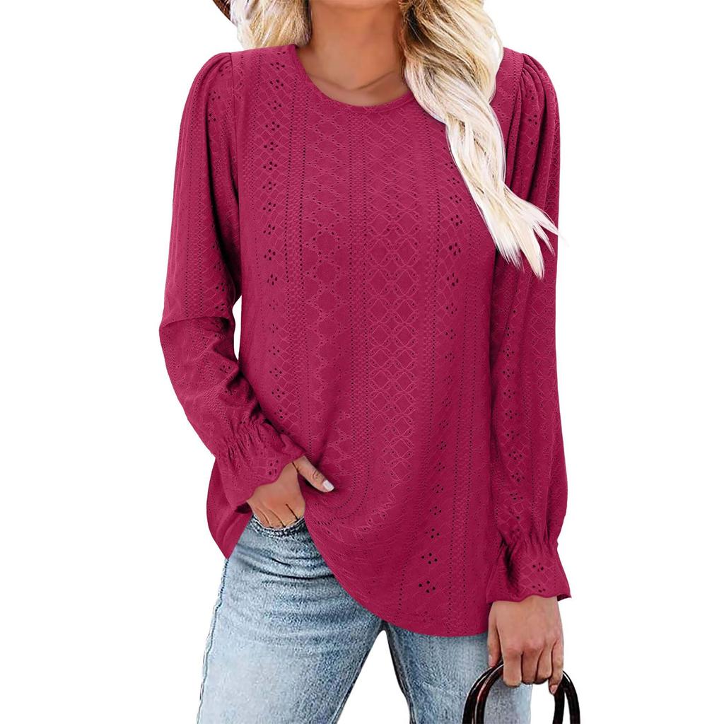 Women's Fashionable Solid Color Round Neck Long Sleeved Casual Loose Top