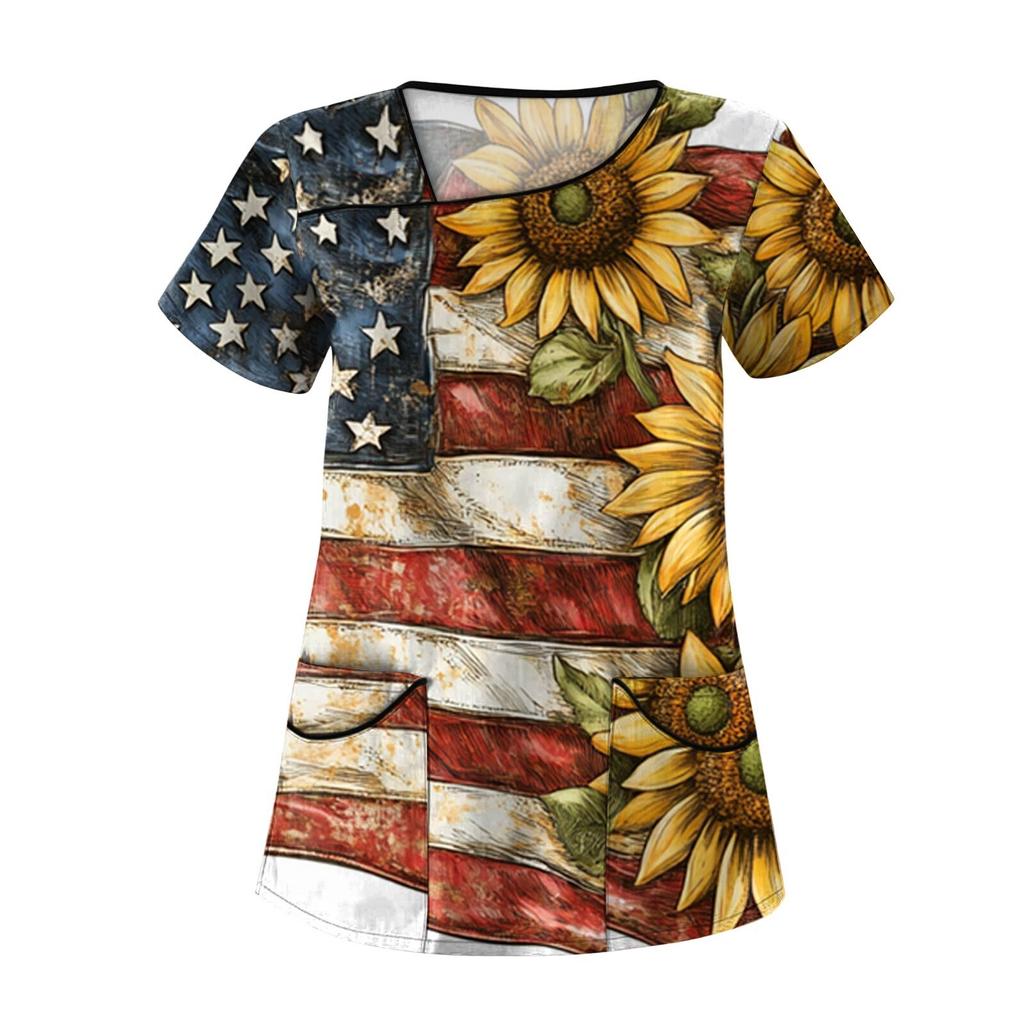 Dámské módní pracovní oděvy s krátkým rukávem a dvojitými kapsami