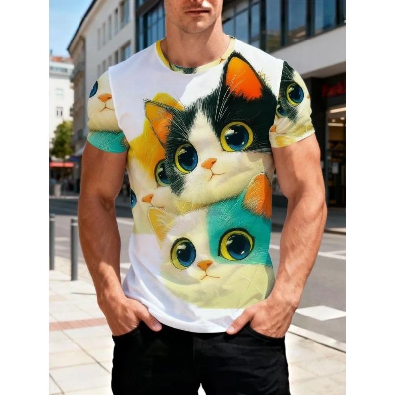 Summer Plus Men's Casual T-shirt Fashionable Blue Cat 3D Printed Sports Short Sleeved Round Neck Tops