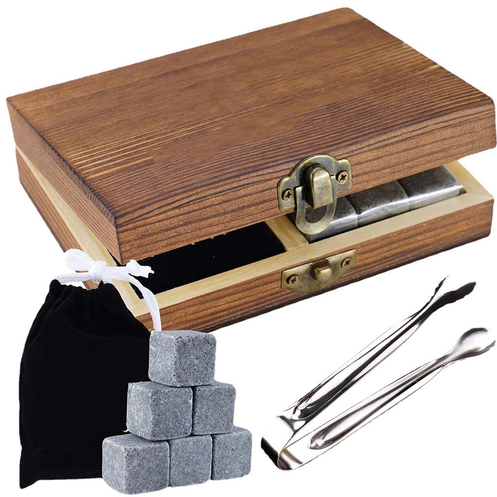9 Pezzi Pietre Raffreddamento Vino Riutilizzabili Granito Bevande Whisky Rocce Rinfrescanti con Scatola Regalo in Legno
