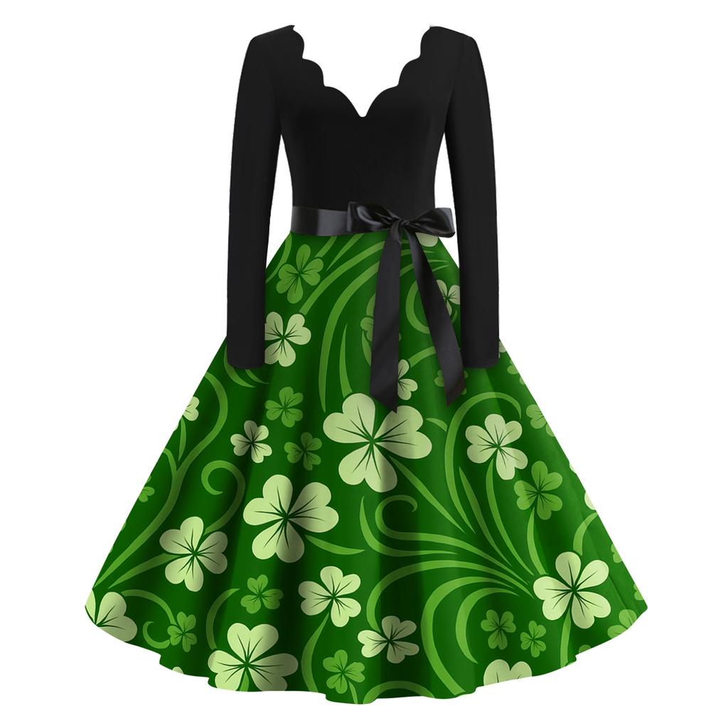 Women's Casual Fashion Printed V-Neck Retro Long-Sleeve Dress