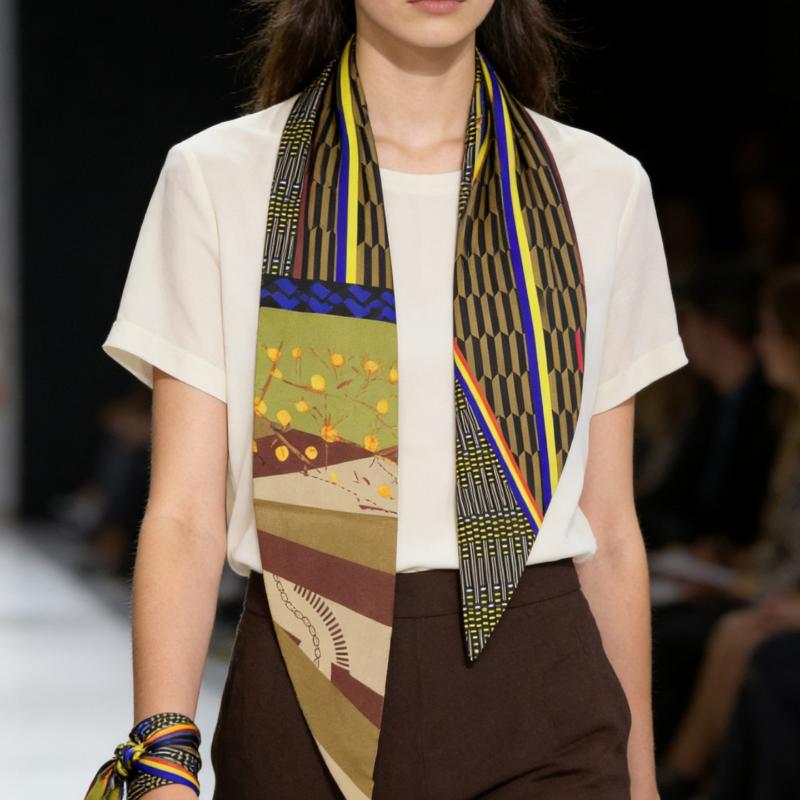 Women Silk Scarf Vintage Elegant Striped Double Sided Print Neck Wrap for Professional Occasions