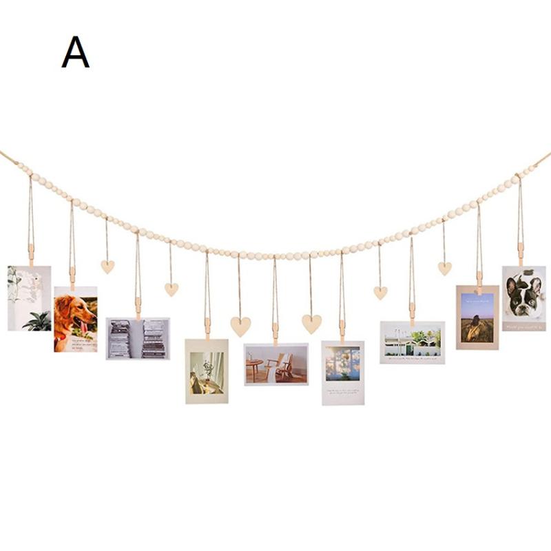 Hanging Photo Display Wooden Bead Garland Boho Wall Hanging For Bedroom Living Room Dorm Party Decor Teen Girl Gifts