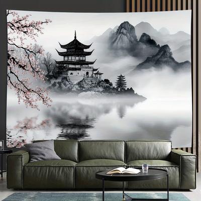 1pc Japanese Style Landscape Tower Background Cloth for Living Room Bedroom Party Decoration Tapestry, Perfect Creative Gift