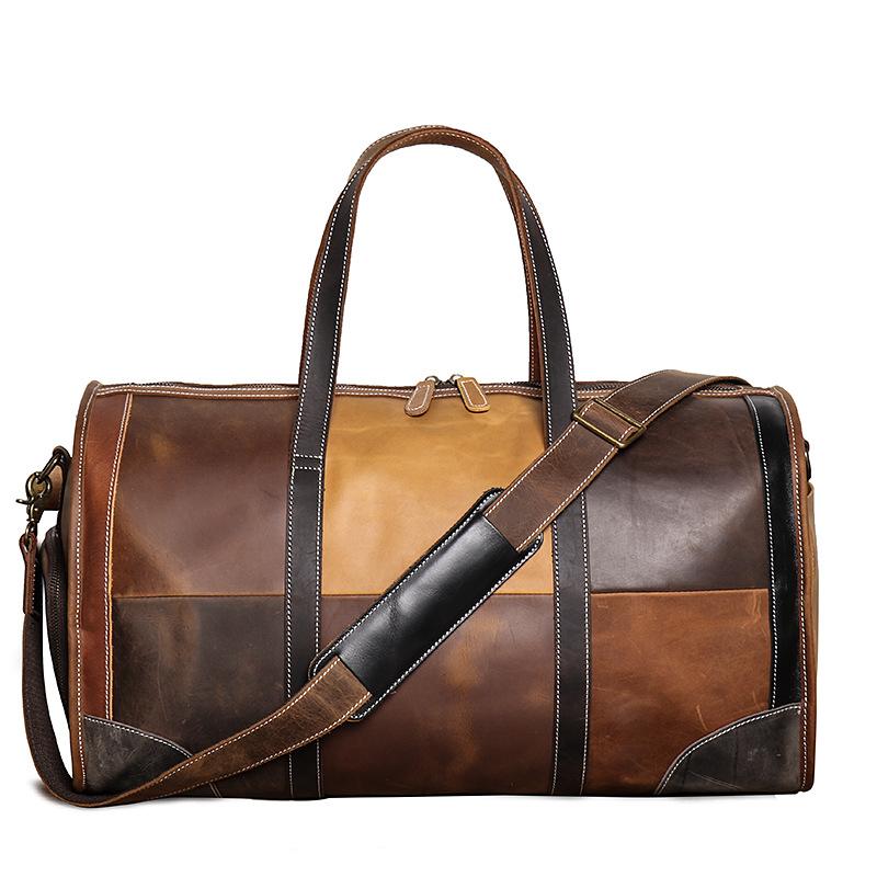 Retro Personalized Men'S Contrasting Color Leather Handbag Crazy Horse Leather Travel Bag Large Capacity Shoulder Diagonal Straddle Duffel Bag