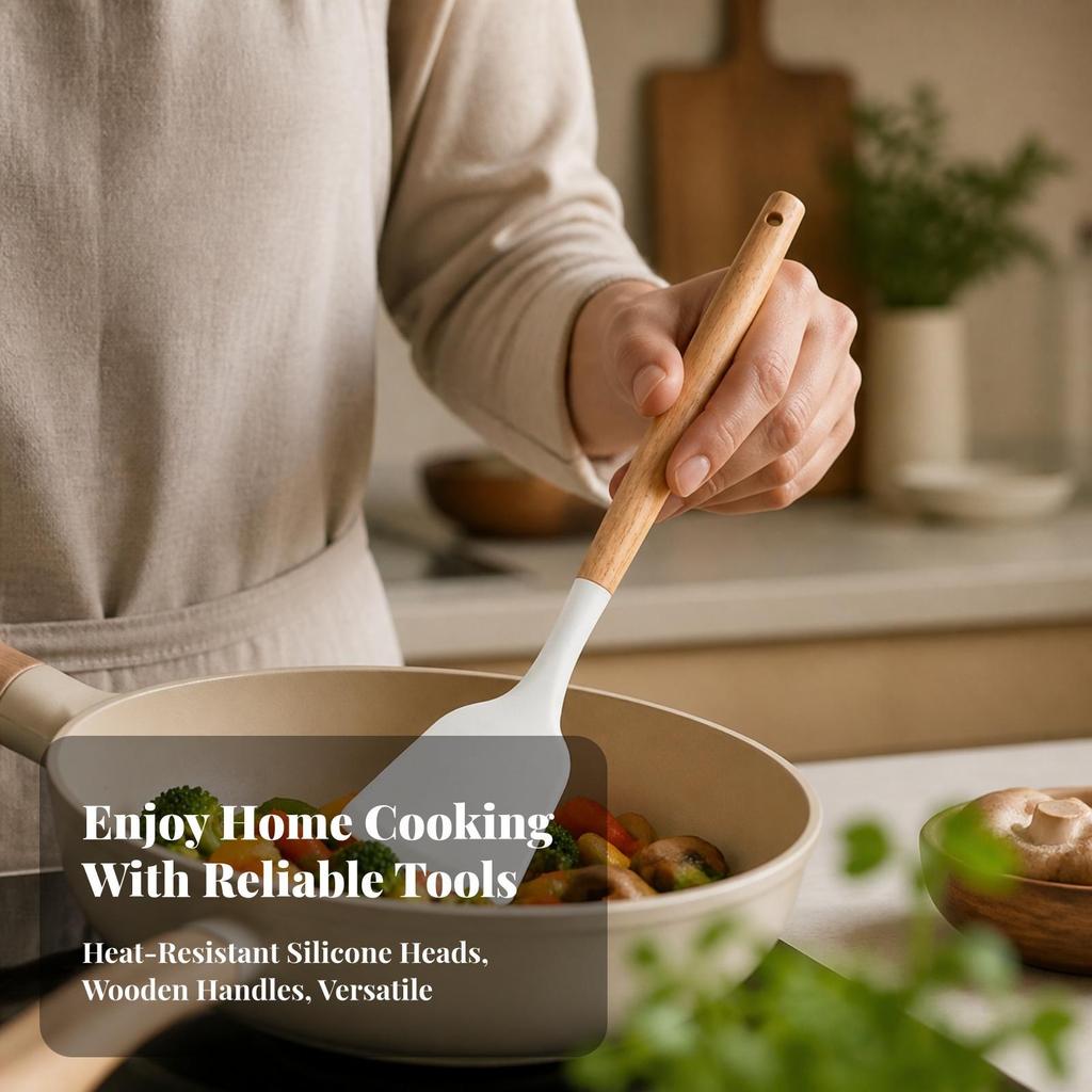 Silicone Turner with Beech Wood Handle Heat-Resistant Utensil Non-Scratch