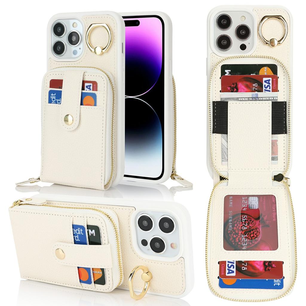 For iPhone 14 Pro Max Case with Zipper Pouch/Ring Kickstand/Strap Litchi Texture PU + TPU Phone Cover