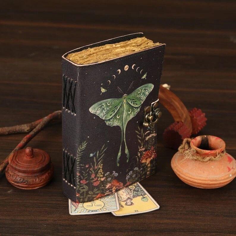 Luna Moth Leather Journal Handmade Vintage Notebook with Lock Witchy Women Gift