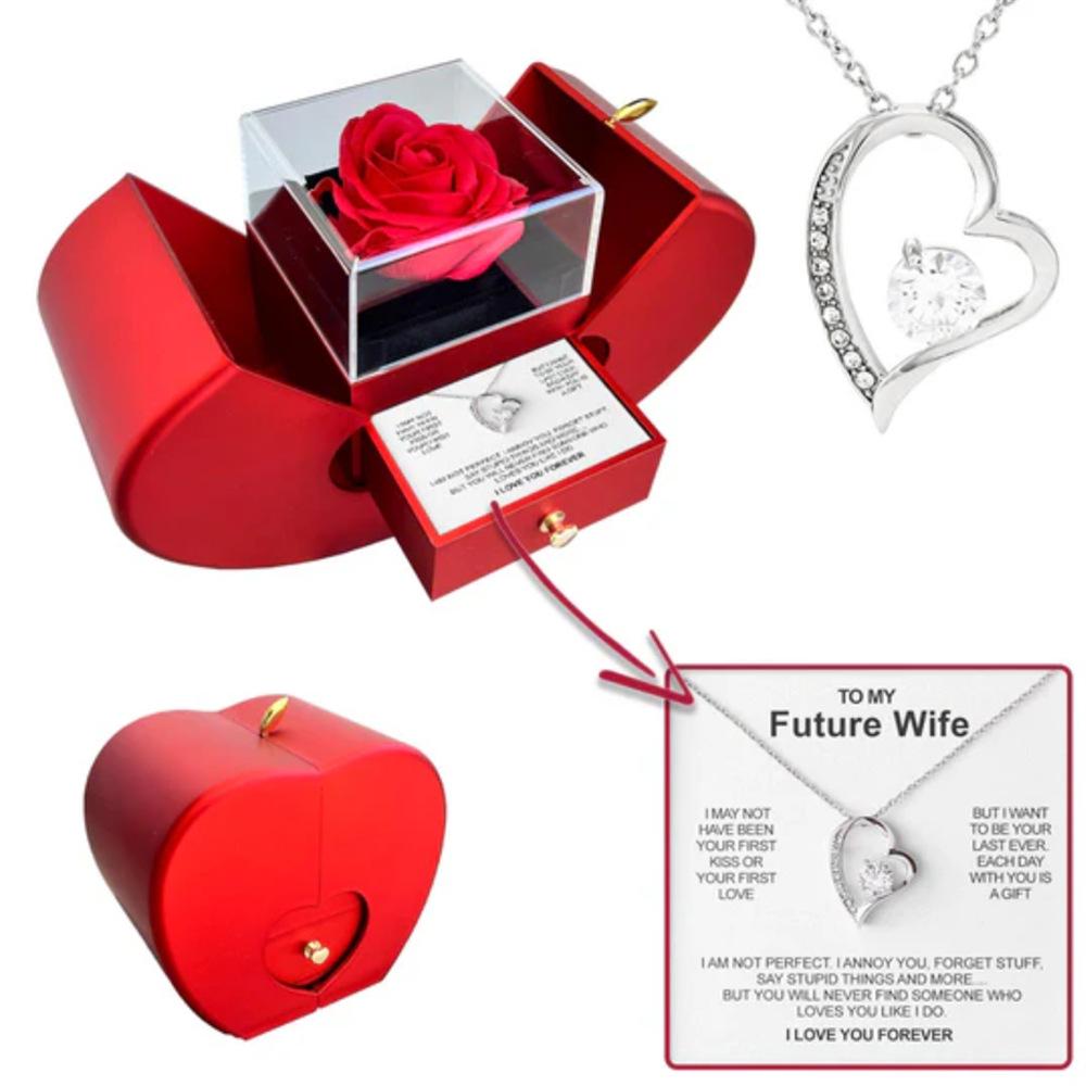 Heart Necklace & Rose Eternal Flower Gift Box Set for Valentine's, New Year, Christmas